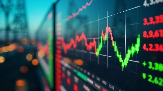 Close-up of financial charts displaying stock market data on a digital screen. Dynamic red and green graphs represent fluctuating stock prices in a modern trading environment.