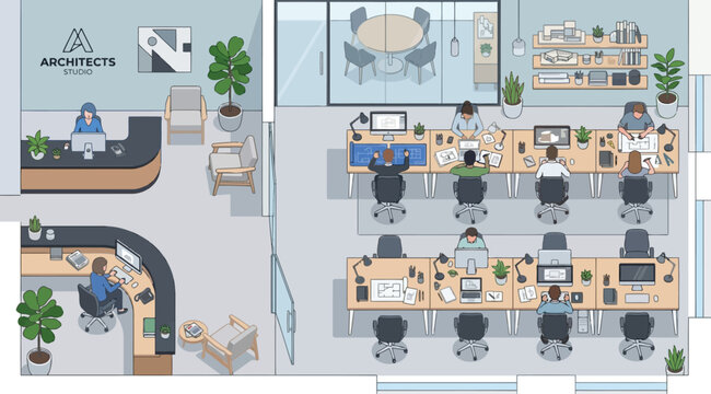 Architects studio interior with team working at desks