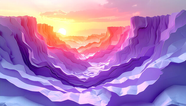 Surreal pastel landscape with dynamic low angle view, towering torn paper cliffs in soft lavender, pink, and orange hues, glowing sunset sky, dreamy and artistic mood