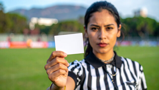 Female referee holding blank card on soccer field, intense expression, outdoor sports event, green grass, mountains in background, focus on card, professional uniform
