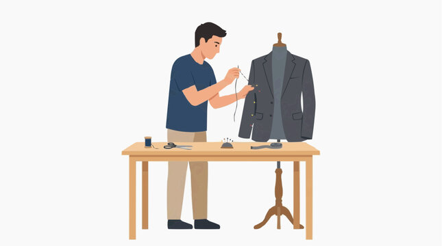 Tailor sewing a suit jacket on a mannequin at a wooden table with sewing supplies vector style