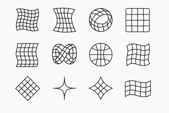 Holographic Mesh Icons. Holographic mesh patterns. Line outline icon set of holographic mesh patterns: grid