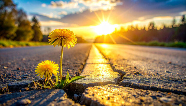 Yellow dandelion flower breaking through cracked asphalt road vibrant sunset nature resilience hope sunlight outdoor summer inspirational landscape