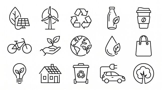 Minimalist line-art illustration showing fifteen sustainability and eco-friendly icons, symbolizing renewable energy, recycling, green living, and environmental responsibility through clean modern des