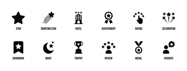 Fototapeta premium Star Icon Set. Star Rating and Achievement Icon Set with Favorite, Review, Trophy and Celebration Symbols