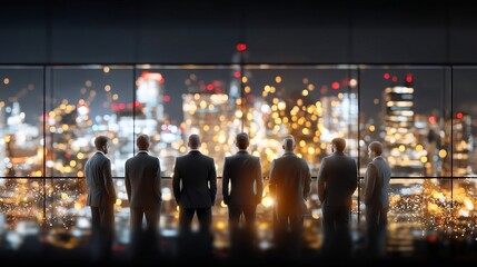 Fototapeta premium Executives Overlooking Cityscape from Highrise Office Window