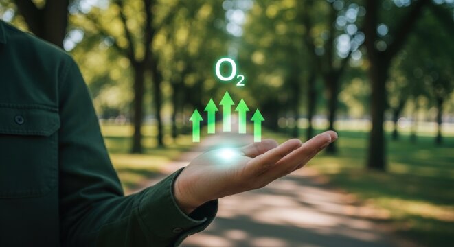 Person holding oxygen symbol with upward arrows in park.
