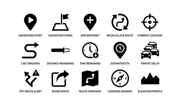 Navigation and routing icons for trip planning and tracking