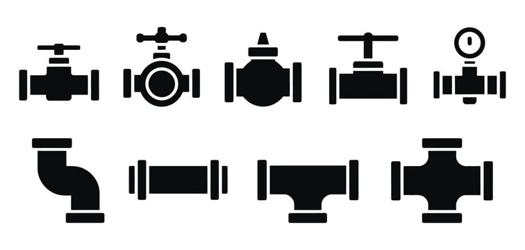 Water Oil or Gas Pipeline with Fittings and valves, vector pipe fitting symbols with open and close black tap, globe valve icon and wastewater distribution concept illustration.