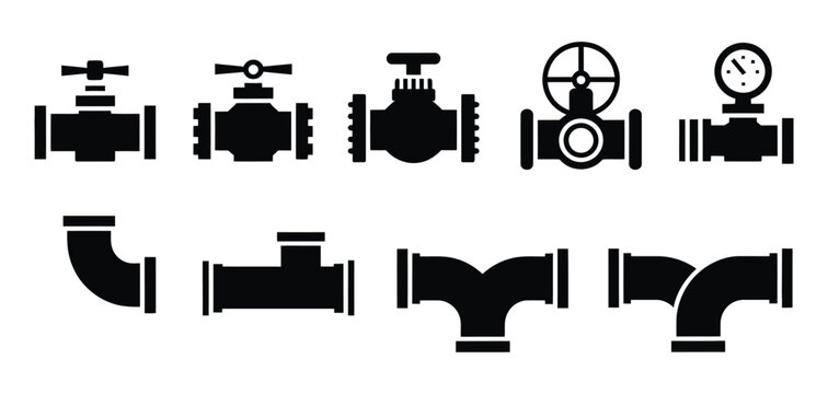 Water Oil or Gas Pipeline with Fittings and valves, vector pipe fitting symbols with open and close black tap, globe valve icon and wastewater distribution concept illustration.