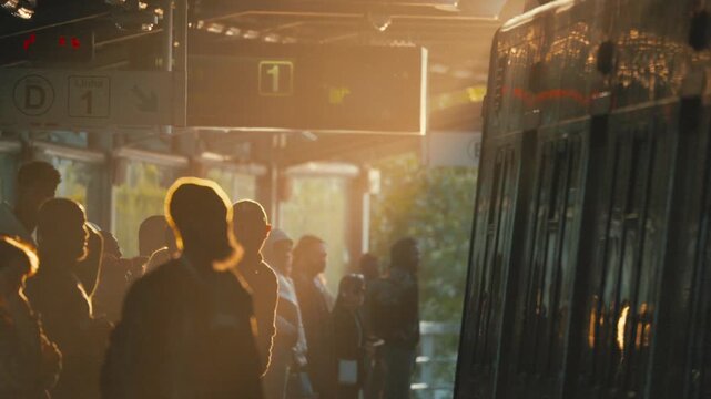 People wait for the train at the subway station during sunset in the city