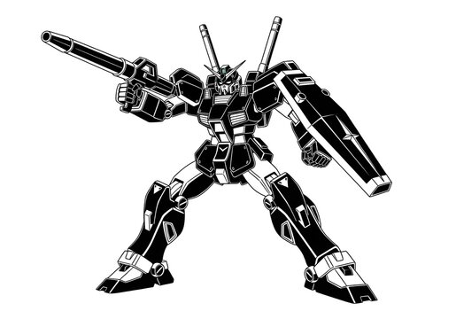 giant mecha robot in battle-ready position with large cannon and sturdy shield.