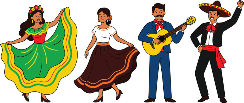 Mexican Traditional Dancers and Mariachi Musicians Cartoon Vector Illustration for Cultural Festival and Fiesta Celebration Designs