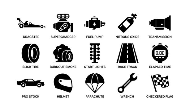 Drag racing icons showing vehicles parts and race elements