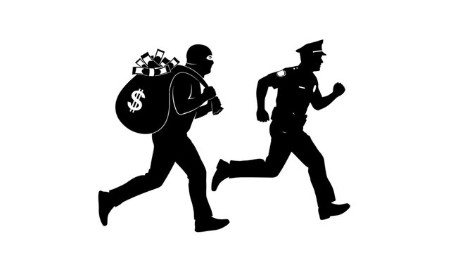 Thief with money bag chased by police officer silhouette
