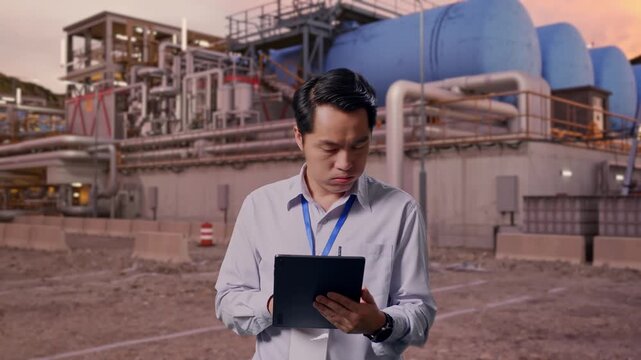 Asian Male Worker Standing With His Tablet at Plant with Gas Storage Tanks and Complex Pipeline System at Sunset, He Is Nodding His Head With Dissapionted