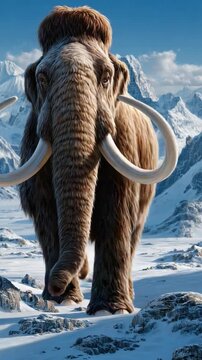 Mammoth's Majestic Stance: A colossal woolly mammoth, stands defiantly amid a pristine, snowy landscape, its formidable tusks a testament to its ancient grandeur.