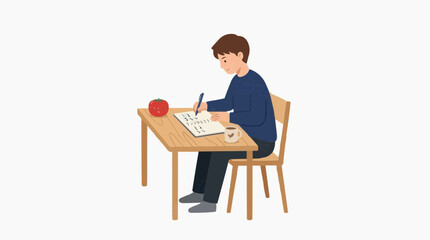 Fototapeta premium Young man writing at a desk with a tomato and coffee vector style