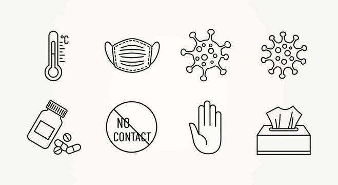 Collection of black and white line representing health and safety measures, including a thermometer, face mask, virus, pills, no contact symbol, hand, and tissue box