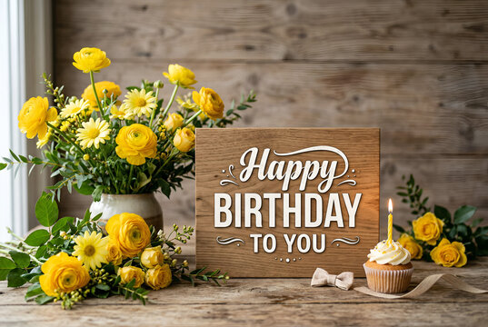 Yellow flowers, cupcake with candle, happy birthday message on wood, rustic table, celebration