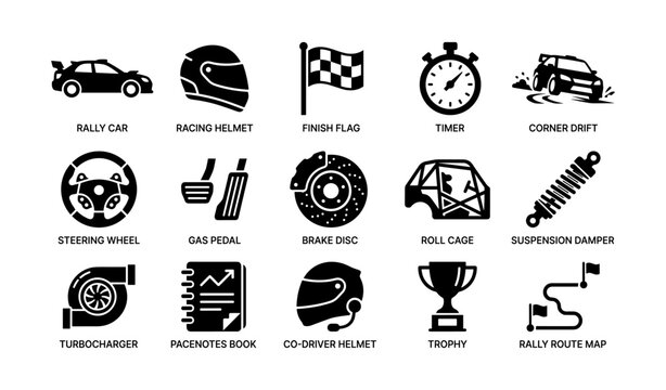 Rally racing icons depicting vehicles equipment and race elements