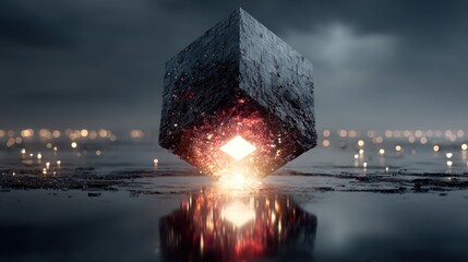 Dark cube with glowing core hovers above reflective surface, city lights blur