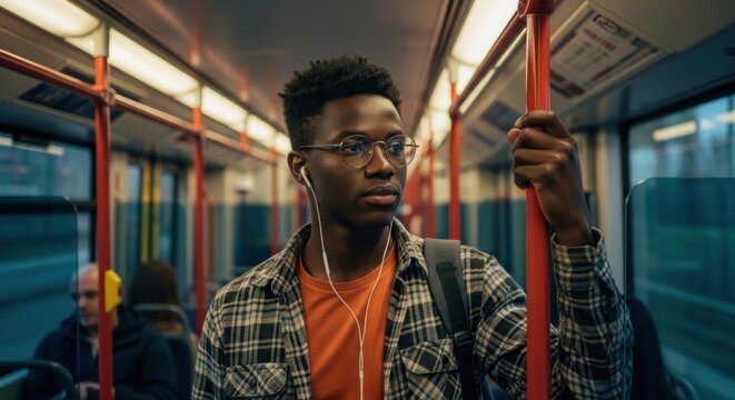 Young Black Man Listening to Music on Public Transportation.