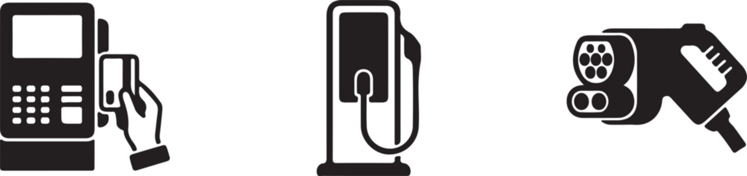 Black icons of phone, charger and drill on white