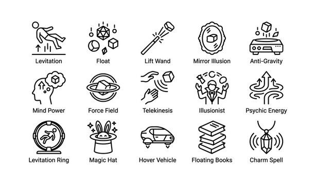 Icons of levitation telekinesis and magic on white background