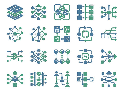Network diagrams and flowchart icons with molecular and data structures in flat design