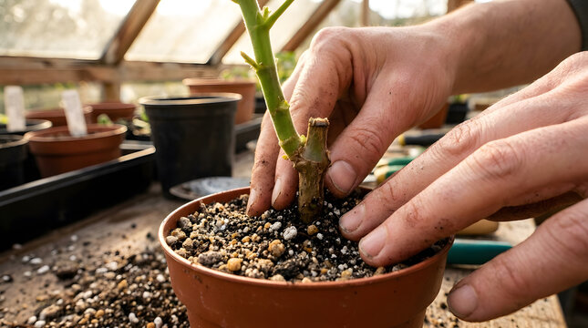 Gardener hands planting green cutting in pot | Sustainable home gardening and plant propagation | Close up of potting soil and seedling transplanting | Greenhouse horticulture and organic gardening 