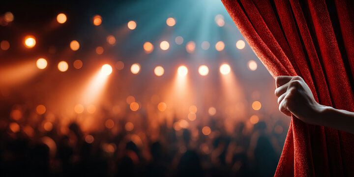 Hand Opening Red Theater Curtain Before Audience