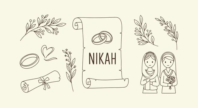 Hand Drawn Nikah Islamic Wedding Illustration Set with Muslim Couple Scroll Rings and Branches
