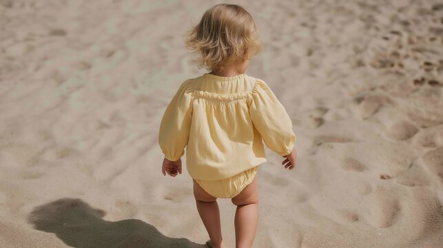 A little child with wavy hair walks barefoot on soft sand, dressed in a vibrant yellow top. The sun shines brightly, creating a perfect day for beach exploration