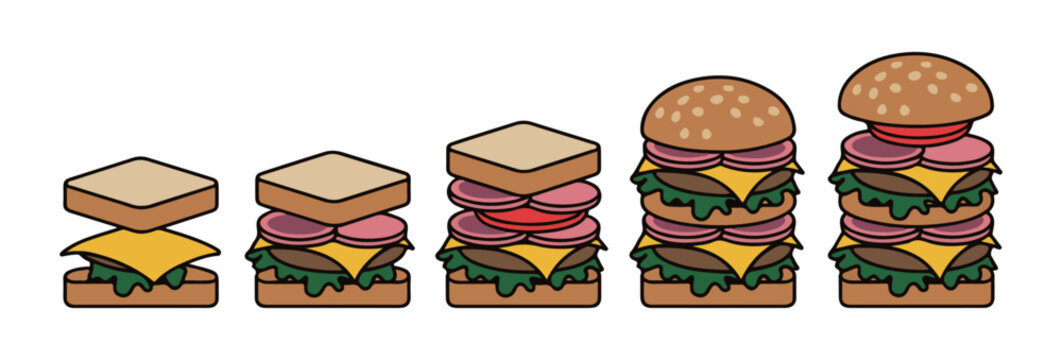 Set of tasty burger and sandwich building steps showing layers of bread meat cheese and fresh vegetables.