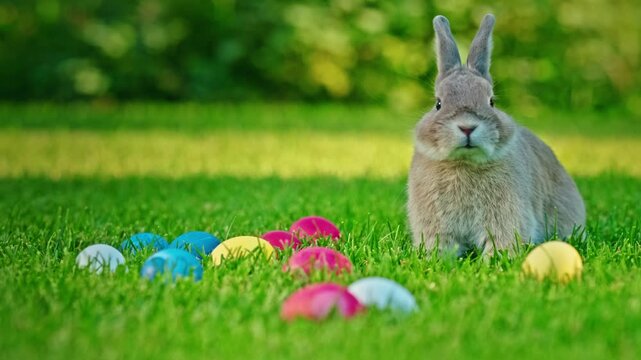 Little rabbit exploring colorful easter eggs on green grass meadow during sunny spring day motion footage.
