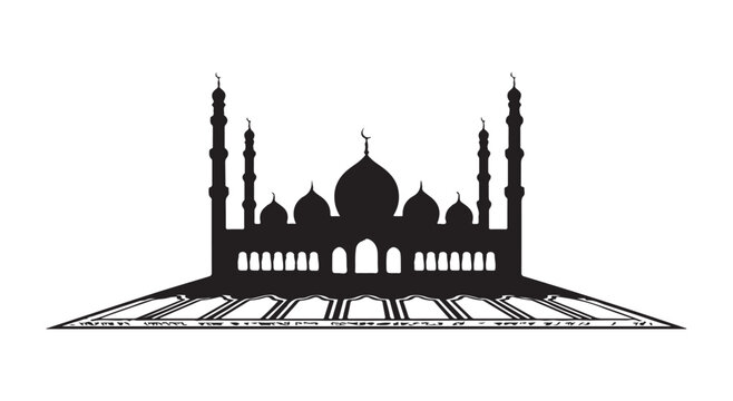 Mosque silhouette with prayer carpet. islamic sacred building and traditional rug on white background.