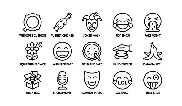 Prank and comedy icons showing gags and emoji expressions
