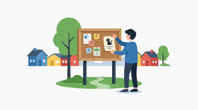 Man posting lost cat notice on community bulletin board in suburban neighborhood vector style