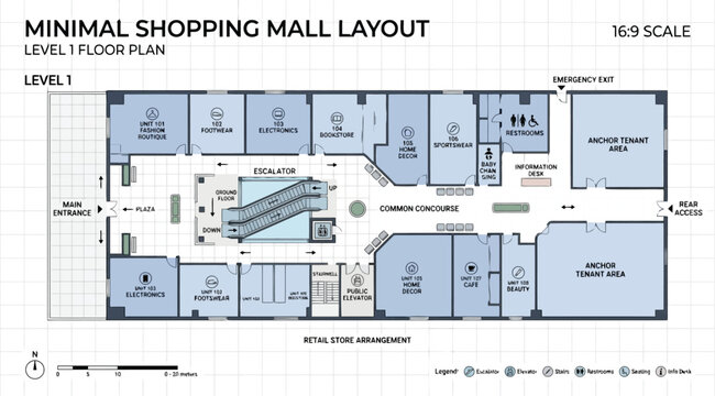 Minimal shopping mall floor plan layout with retail units and common concourse