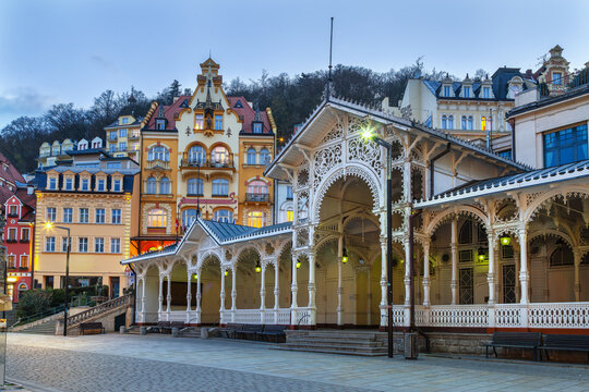 Market Colonnade in the city center of Karlovy Vary, Czech Republic. Scenic view at sunset. Warm evening light with blue sky