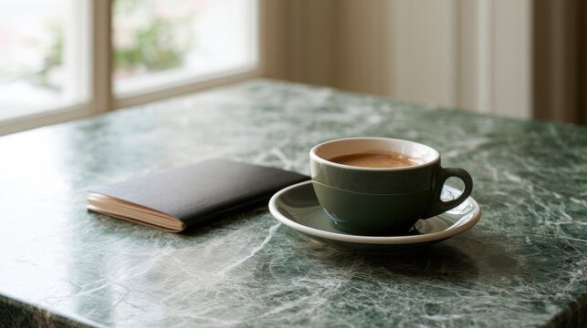 Green coffee cup and saucer on a marble countertop. the cup is filled with a dark brown liquid, possibly coffee, and is placed on a white saucer.