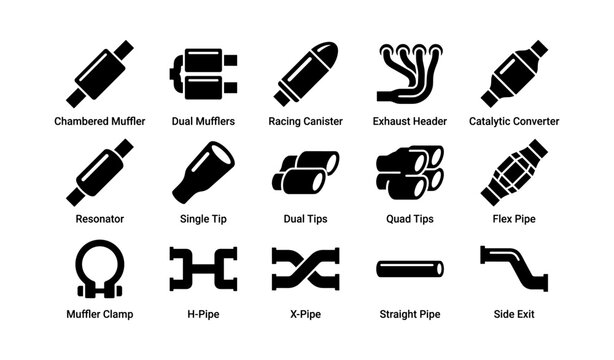 Exhaust and muffler icons displayed in grid on white background