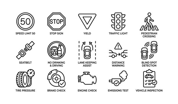 Driving safety icons showing signs and vehicle checks on white background