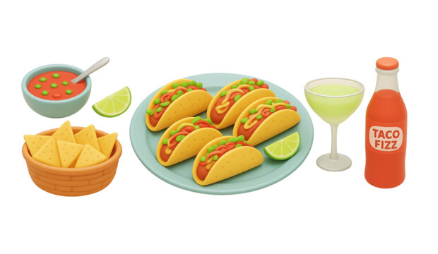 Taco Platter & Drinks: A detailed set of hard-shell tacos, soft-shell tacos, a salsa bowl, a lime slice, a basket of chips, a margarita glass, and a soda bottle. (Style Description for all prompts