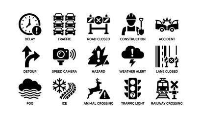 Obraz premium Road warning icons showing traffic hazards in grid layout