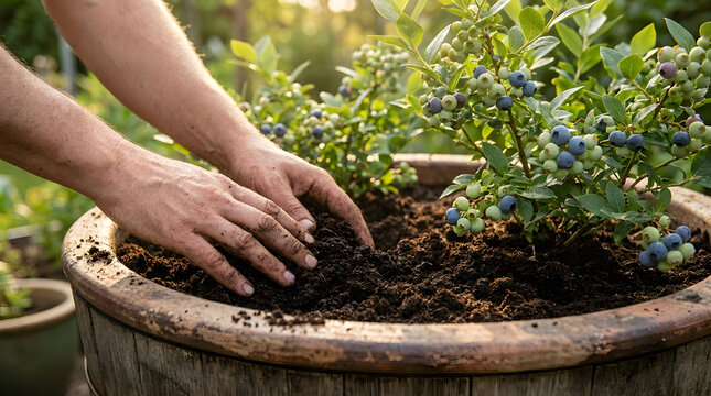Organic blueberry planting in a wooden barrel | Hands working with worm castings for fertilizing plants | Sustainable home gardening and berry cultivation | Growing blueberries in containersOrganic bl