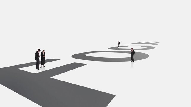 Miniature business people standing on giant focus word in stop motion animation. Concept of concentration, priority setting, strategic planning, team alignment and focused decision making.