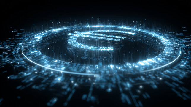 Glowing holographic euro symbol floating above concentric digital rings on dark cyber grid
