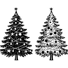 Obraz premium Black and White Christmas Tree Silhouette Vector Set with Festive Lights, Decoration, Ornaments, Garlands, Stars, Baubles, and Patterns